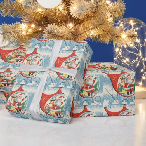 Vintage Christmas Santa Reindeer Flying helicopter Wrapping Paper