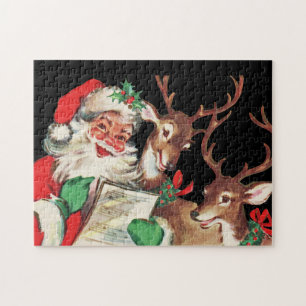 vintage Christmas Santa reindeer Holiday Jigsaw Puzzle