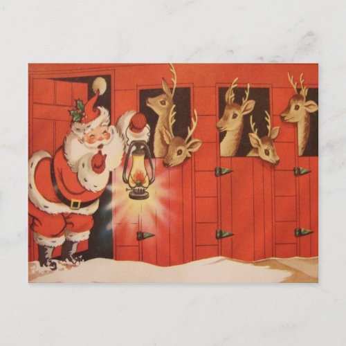 Vintage Christmas Santa reindeer Holiday postcard