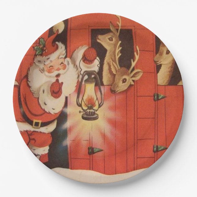 Vintage Christmas Santa reindeer party plate (Front)