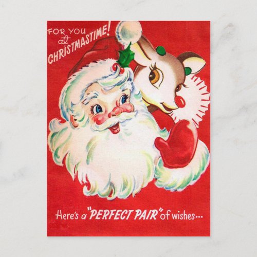 Vintage Christmas Santa Reindeer retro postcard