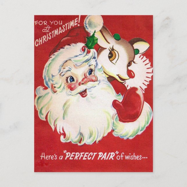 Vintage Christmas Santa Reindeer retro postcard (Front)