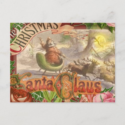 Vintage Christmas Santa Reindeer Sleigh Holiday Postcard