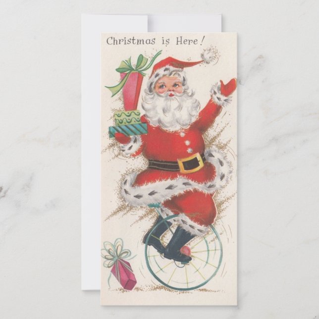 Vintage Christmas Santa Riding Unicycle Holiday Card (Front)