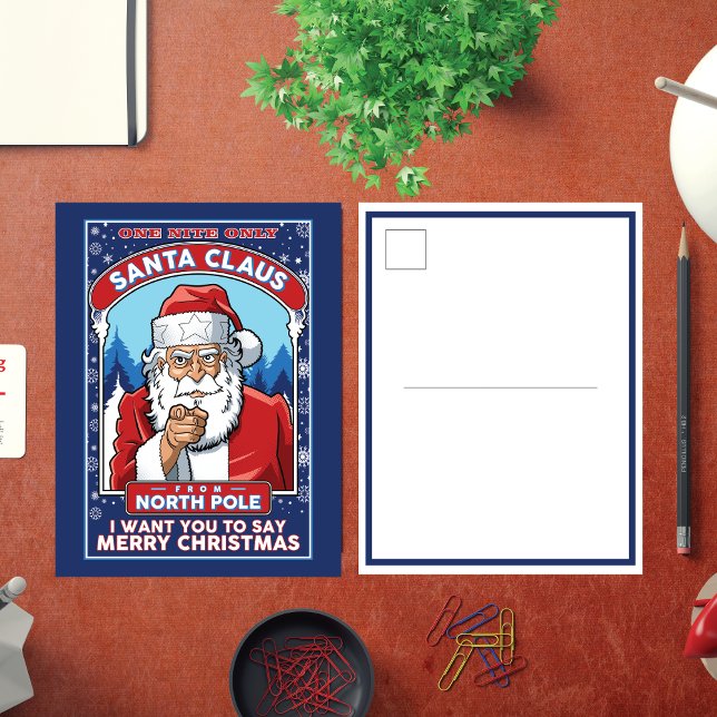 Vintage Christmas Santa Says Merry Christmas Holiday Postcard (Fun One Night Only Santa Claus from North Pole I want you to say Merry Christmas design.)