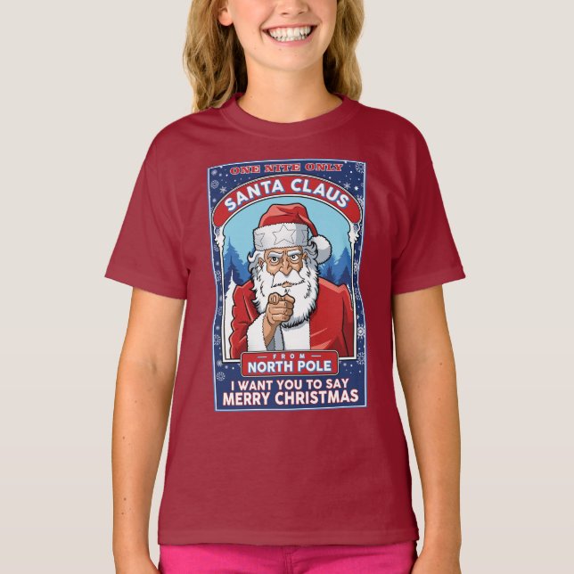 Vintage Christmas Santa Says Merry Christmas T-Shirt (Front)