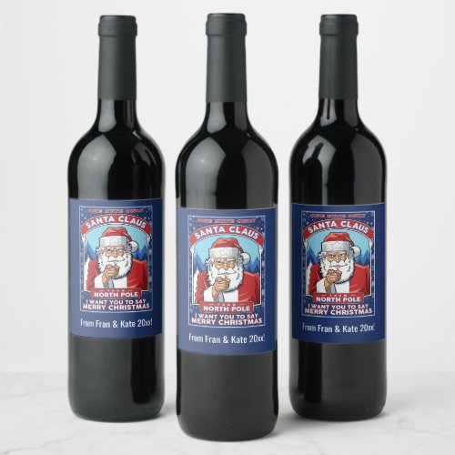 Vintage Christmas Santa Says Merry Christmas Wine Label