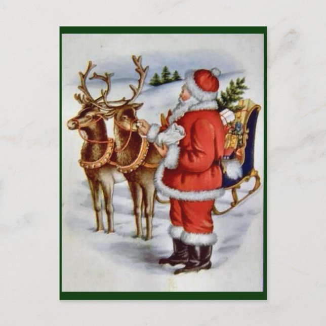 Vintage Christmas Santa Sleigh Reindeer Holiday Postcard (Front)