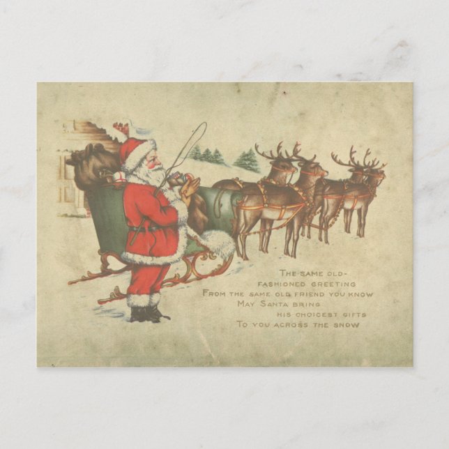 Vintage Christmas Santa Sleigh Reindeer Holiday Postcard (Front)