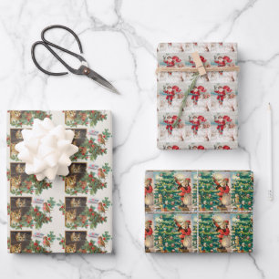 Vintage christmas santa, snow and cats wrapping paper sheets