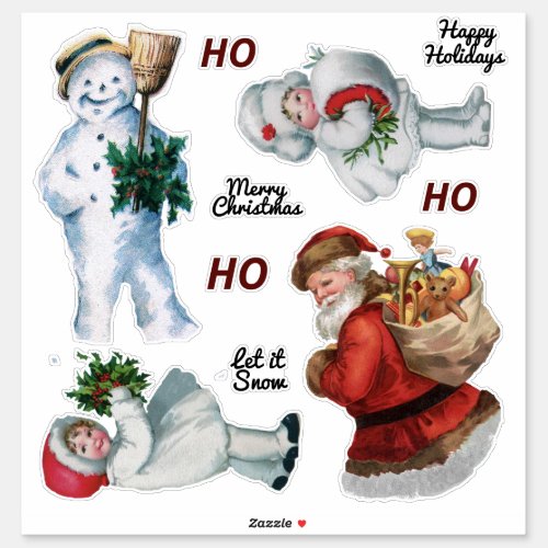 Vintage Christmas Santa Snowman Girls Decorative  Sticker