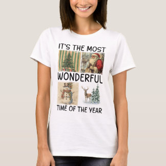 Vintage Christmas Santa Snowman Tree Reindeer Art T-Shirt