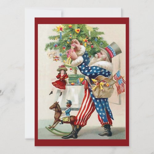 Vintage Christmas Santa Uncle Sam Decorating Tree Holiday Card