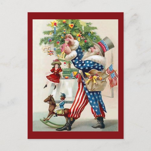 Vintage Christmas Santa Uncle Sam Decorating Tree Holiday Postcard