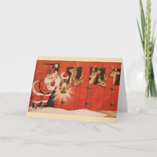 Vintage Christmas -Santa Visits the Reindeer Barn, Holiday Card