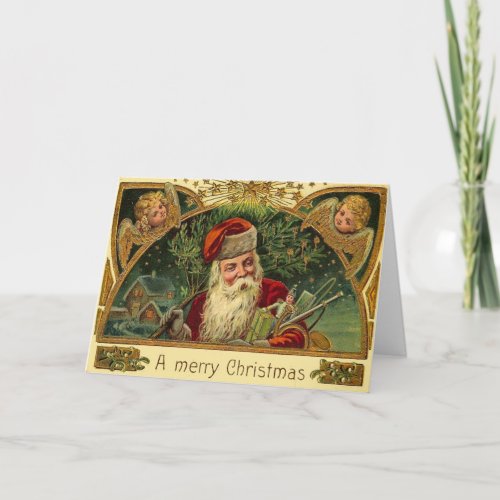 Vintage Christmas Santa with Cherub Angels Holiday Card