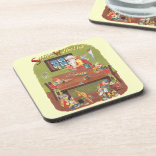 Vintage Christmas Santa with Elves in the Workshop Beverage Coaster