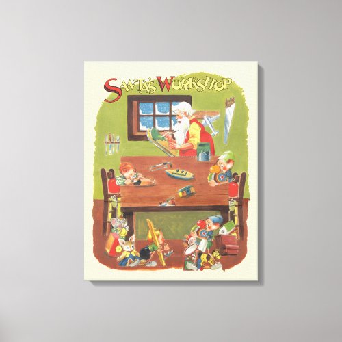 Vintage Christmas Santa with Elves in the Workshop Canvas Print