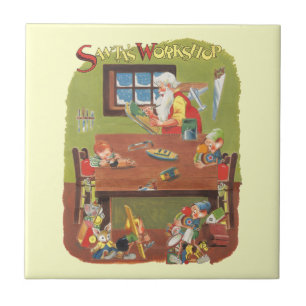 Vintage Christmas Santa with Elves in the Workshop Ceramic Tile