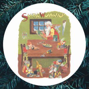 Vintage Christmas Santa with Elves in the Workshop Classic Round Sticker
