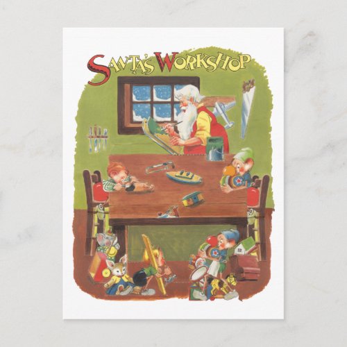 Vintage Christmas Santa with Elves in the Workshop Holiday Postcard