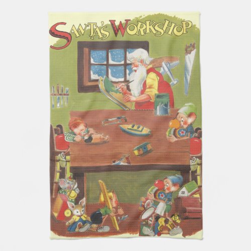 Vintage Christmas Santa with Elves in the Workshop Kitchen Towel