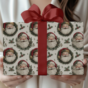 Vintage Christmas Santa with Holly Wreaths Pattern Wrapping Paper