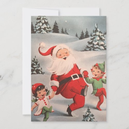 Vintage Christmas Santa With Kids Skipping In Snow Holiday Card