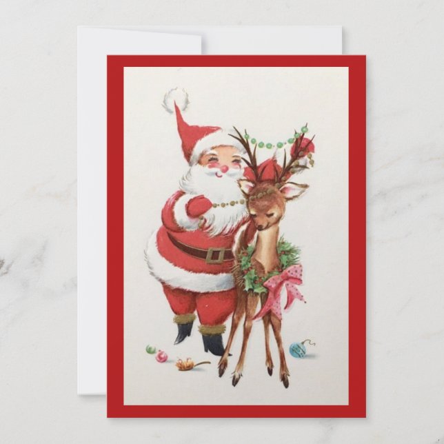 Vintage Christmas Santa With Reindeer Holiday Card (Front)