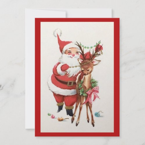 Vintage Christmas Santa With Reindeer Holiday Card