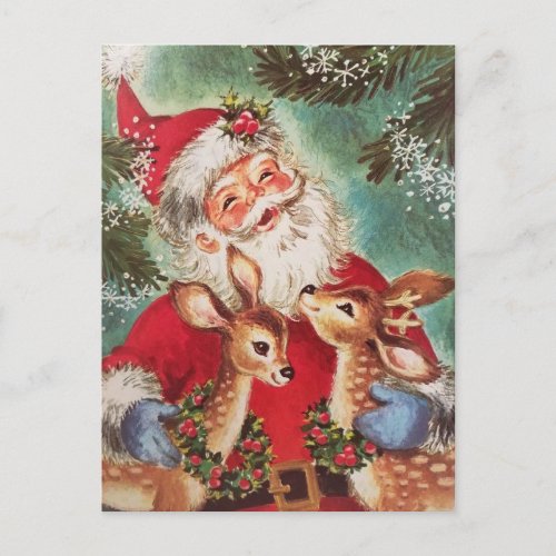 Vintage Christmas Santa With Reindeer Holiday Postcard