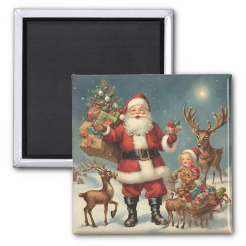 Vintage Christmas Santa with Reindeers  Presents  Magnet