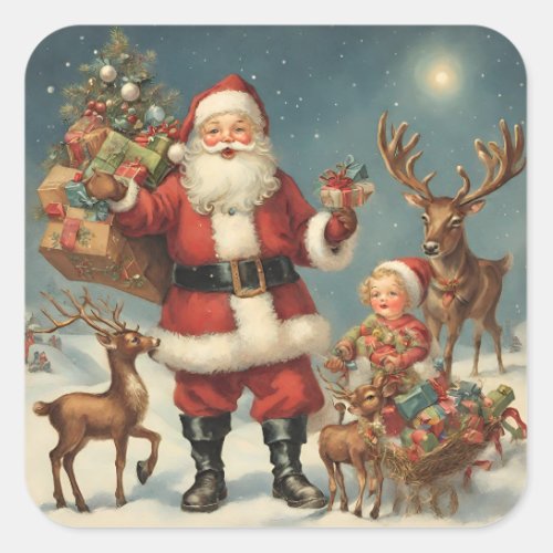 Vintage Christmas Santa with Reindeers  Presents  Square Sticker