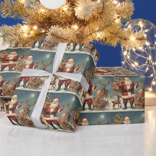 Vintage Christmas Santa with Reindeers  Presents  Wrapping Paper