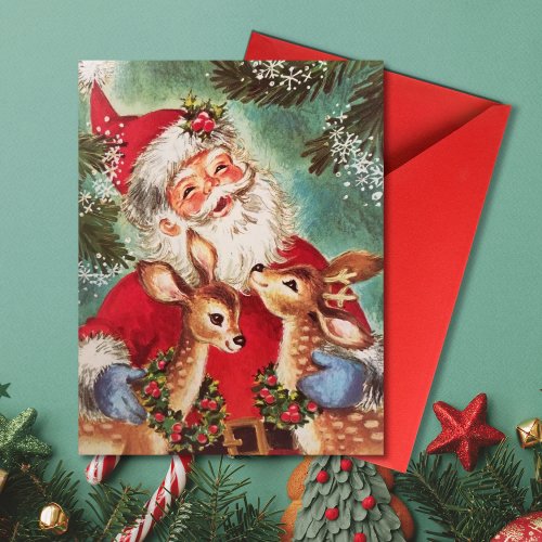 Vintage Christmas Santa With Riendeer Holiday Card