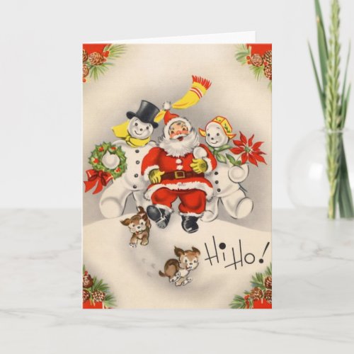 Vintage Christmas Santa With Snowman Holiday Card