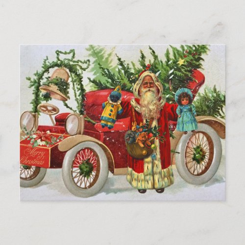 Vintage Christmas Santa with Toys and Red Car Holiday Postcard