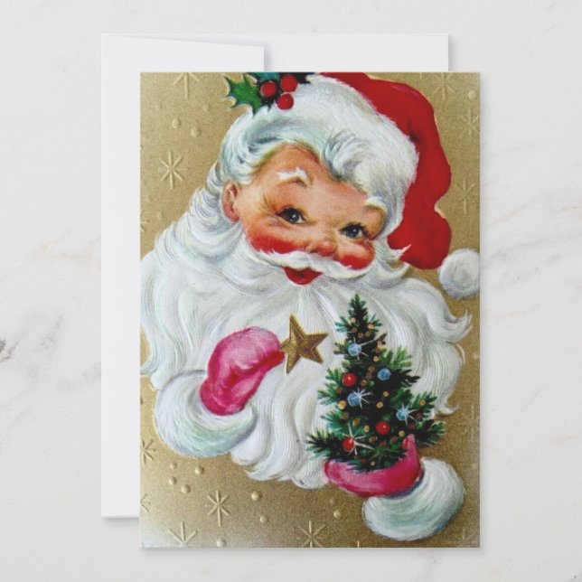 Vintage Christmas Santa With Tree Holiday Card (Front)