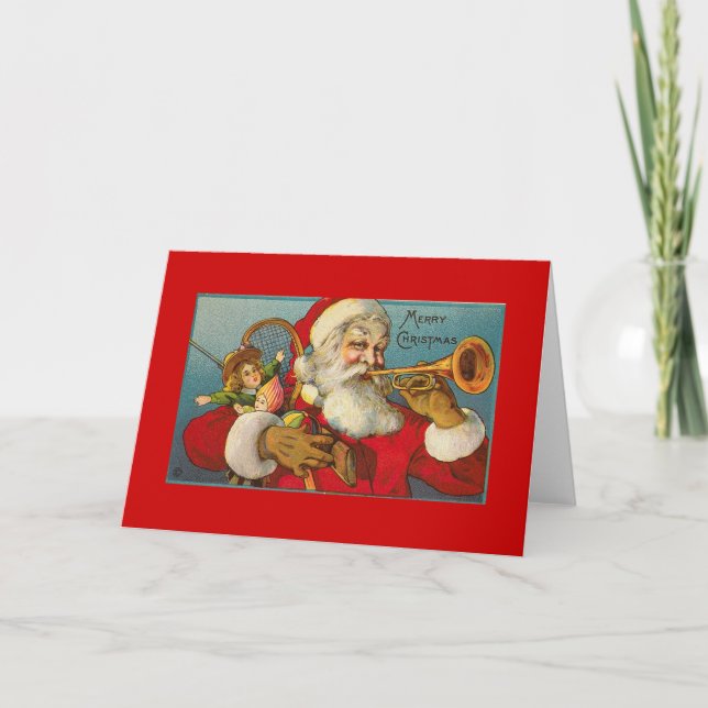 Vintage Christmas Santa WITH TRUMPET Holiday Card (Front)