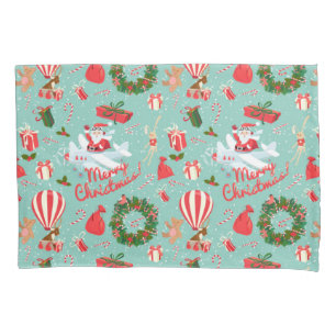 Vintage Christmas, Santa, wreath, Teddy Bear Pillow Case