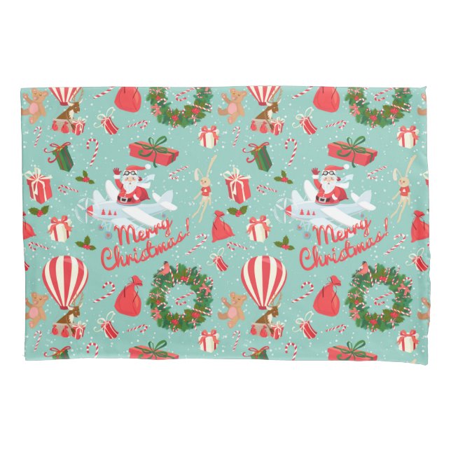 Vintage Christmas, Santa, wreath, Teddy Bear Pillow Case (Front)