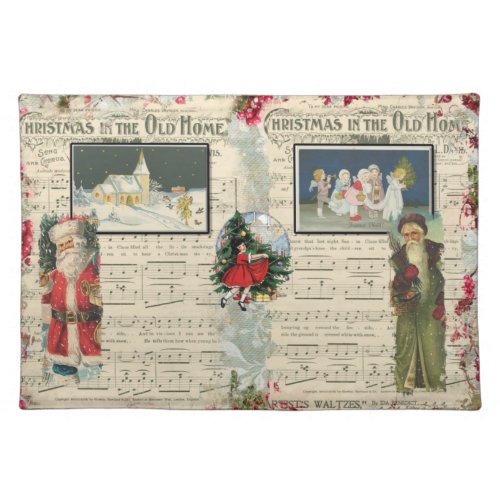 Vintage Christmas Santas Children Musical Notes  Cloth Placemat
