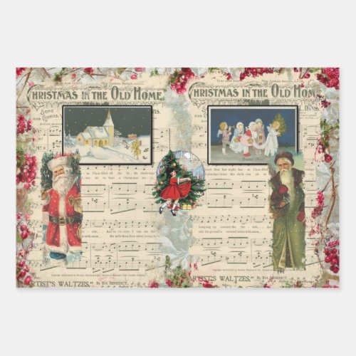 Vintage Christmas Santas Children Musical Notes  Wrapping Paper Sheets