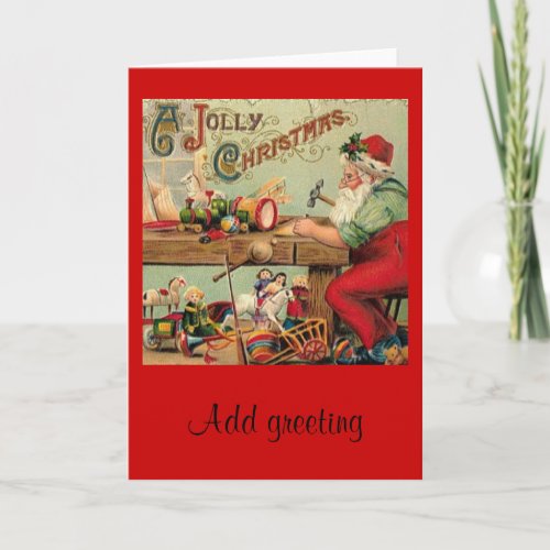 Vintage Christmas Santas Workshop Toys Art Gifts Holiday Card