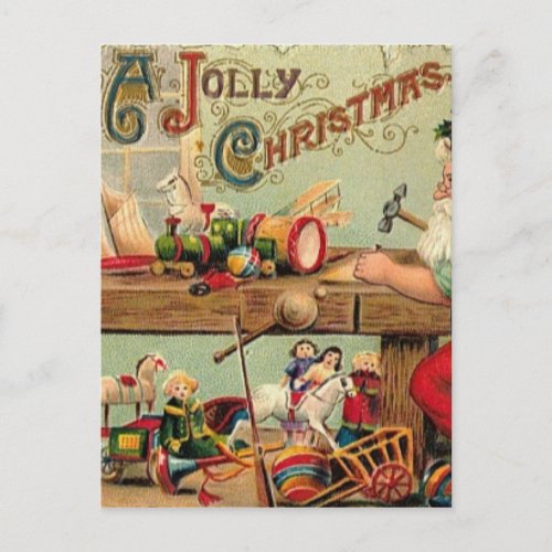 Vintage Christmas Santas Workshop Toys Art Gifts Holiday Postcard