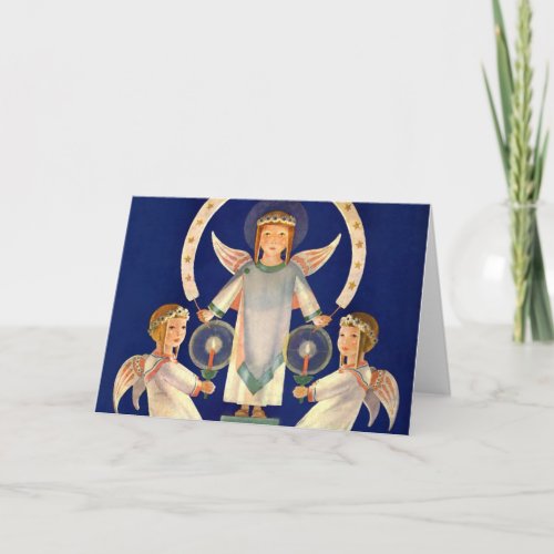 Vintage Christmas Scandinavian Santa Lucia Angels Holiday Card