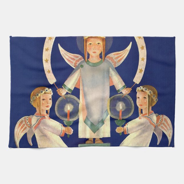 Vintage Christmas, Scandinavian Santa Lucia Angels Kitchen Towel (Horizontal)