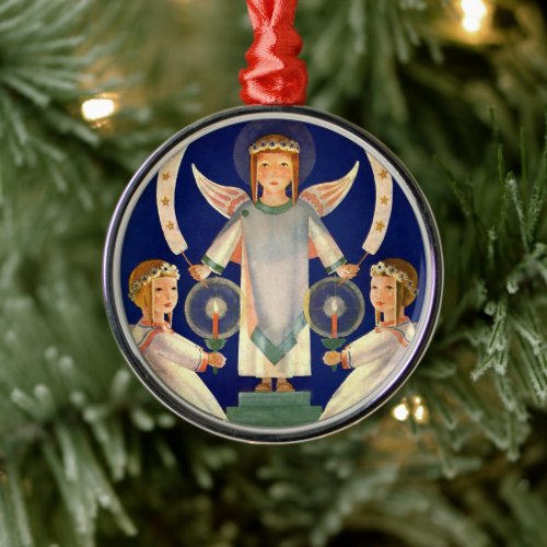 Vintage Christmas Scandinavian Santa Lucia Angels Metal Ornament