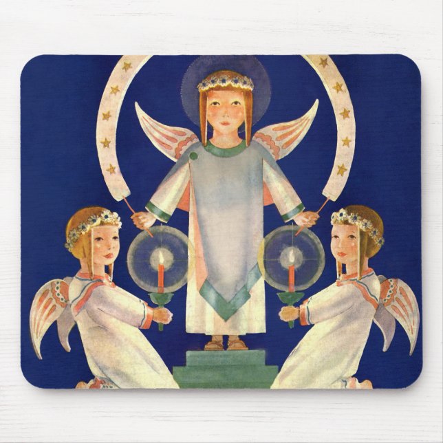 Vintage Christmas, Scandinavian Santa Lucia Angels Mouse Pad (Front)