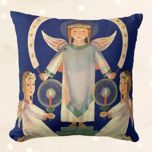 Vintage Christmas, Scandinavian Santa Lucia Angels Throw Pillow